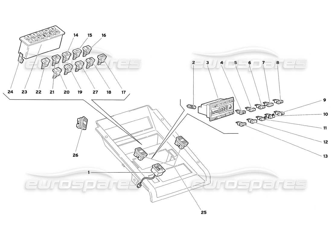 lamborghini diablo sv (1999) diagrama de piezas de instrumentos del panel del túnel