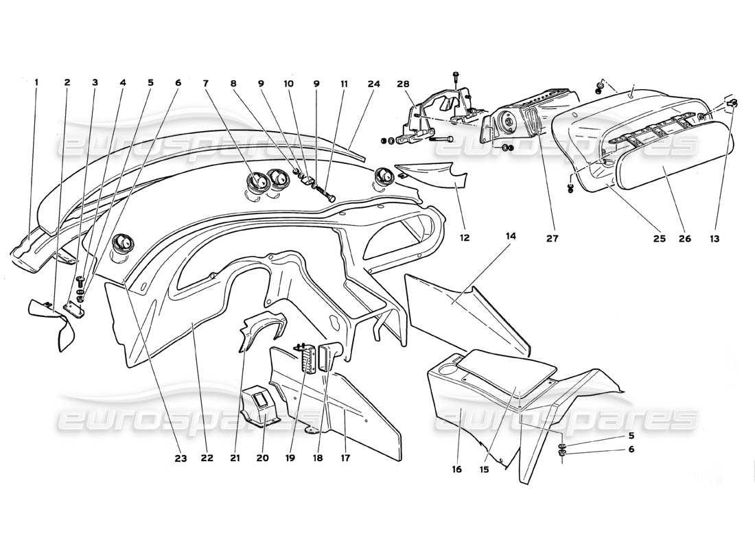 lamborghini diablo gt (1999) diagrama de piezas de los paneles interiores del compartimento de pasajeros con bolsa de aire