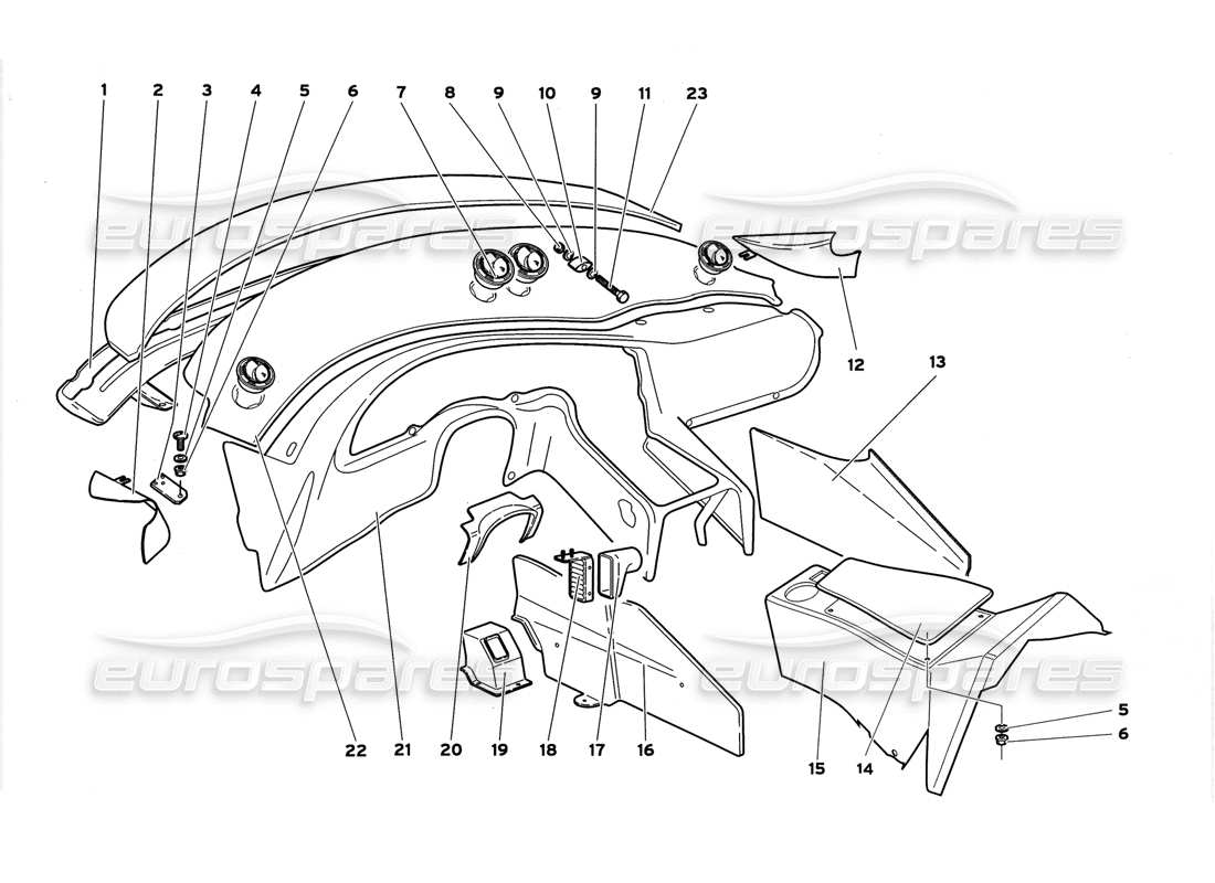 lamborghini diablo gt (1999) diagrama de piezas de los paneles interiores del compartimiento de pasajeros sin bolsa de aire