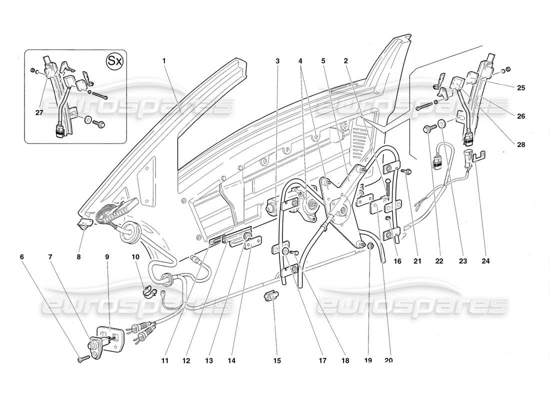 lamborghini diablo roadster (1998) diagrama de piezas de puertas