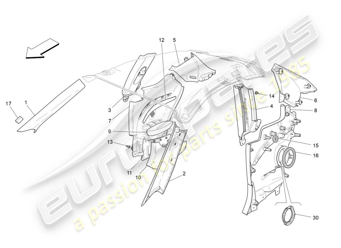 maserati granturismo s (2020) diagrama de piezas de paneles laterales y embellecedores del pilar b del compartimento de pasajeros