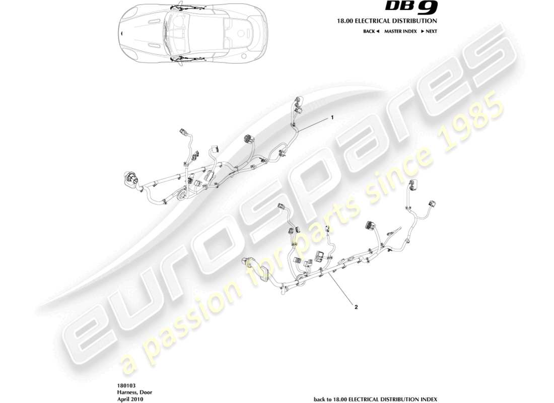 aston martin db9 (2005) arnés de puerta diagrama de piezas