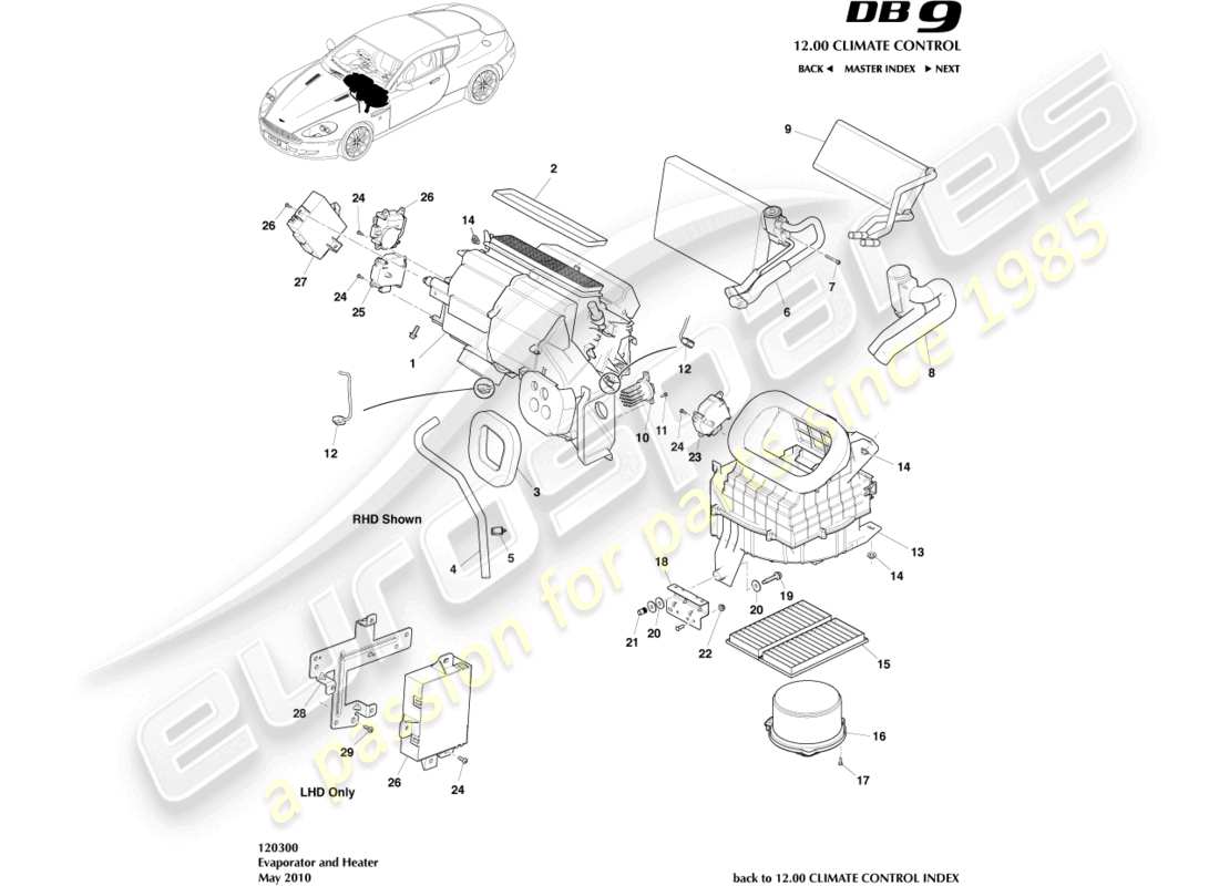 aston martin db9 (2009) evaporador y calentador diagrama de piezas