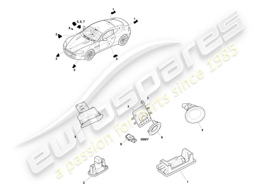 aston martin v8 vantage (2007) diagrama de piezas de iluminación de cortesía