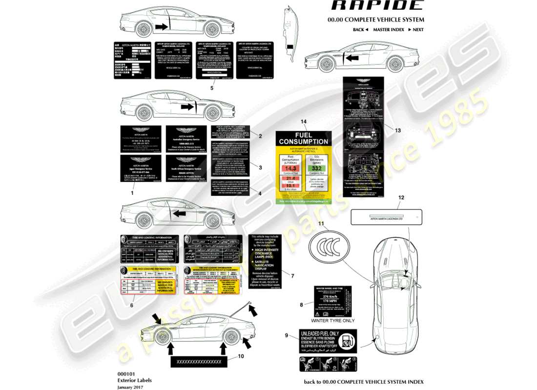 aston martin rapide (2019) etiquetas exteriores diagrama de piezas