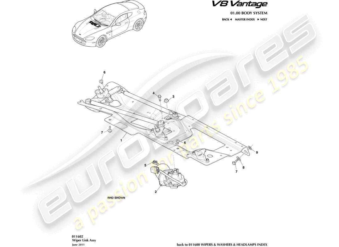 aston martin v8 vantage (2018) diagrama de piezas del conjunto del varillaje del limpiaparabrisas