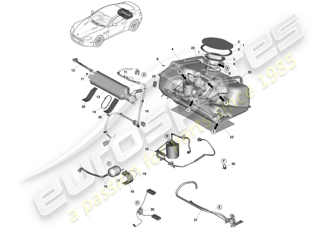 aston martin v8 vantage (2005) conjunto del tanque de combustible, 13my en el diagrama de piezas