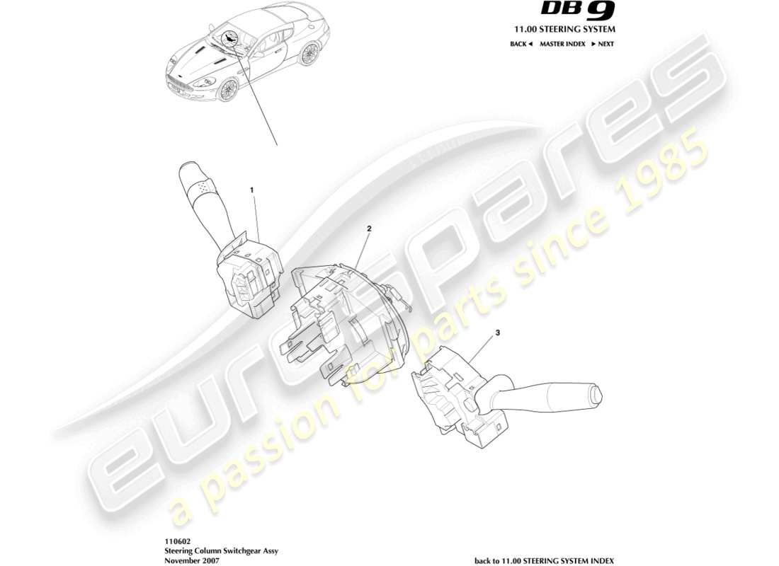 aston martin db9 (2009) interruptor de la columna de dirección diagrama de piezas