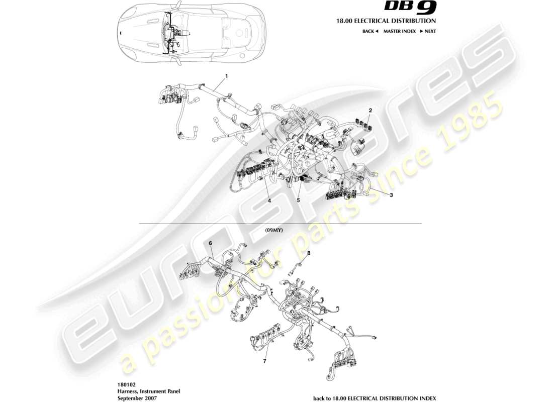 aston martin db9 (2008) diagrama de piezas del arnés ip