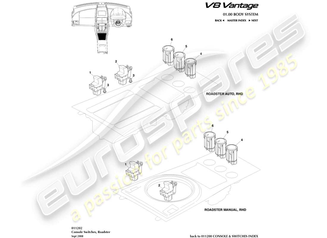 aston martin v8 vantage (2018) interruptores de consola, diagrama de piezas del roadster