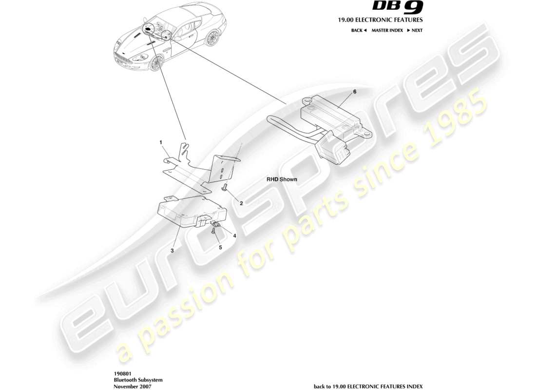 un diagrama de piezas del catálogo de piezas Aston Martin DB9 (2008)