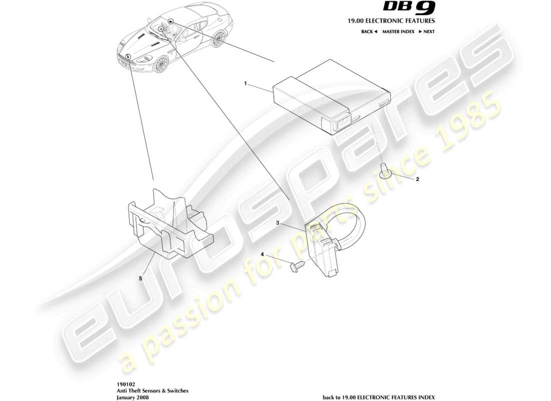 aston martin db9 (2008) sensores e interruptores antirrobo diagrama de piezas
