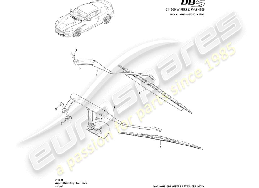 aston martin dbs (2012) conjunto de escobilla de limpiaparabrisas diagrama de piezas