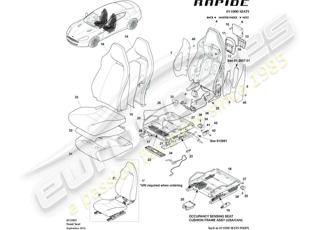 aston martin rapide (2011) asientos delanteros diagrama de piezas