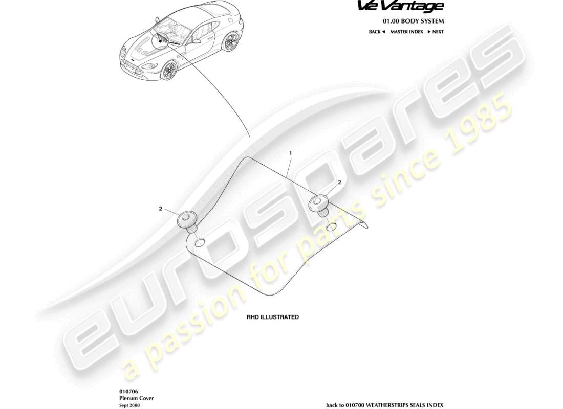 aston martin v12 vantage (2012) diagrama de piezas de la cubierta del pleno