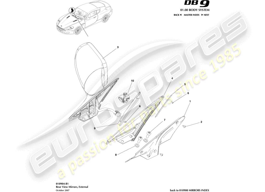 aston martin db9 (2007) diagrama de piezas de los espejos retrovisores exteriores