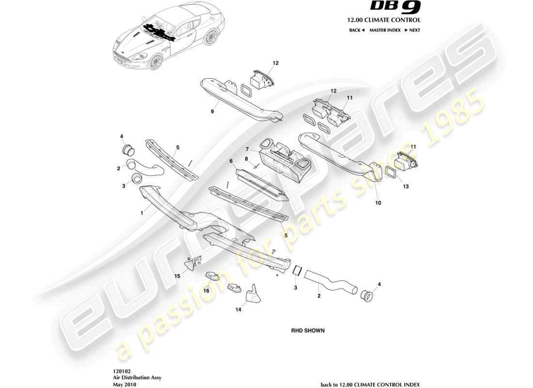un diagrama de piezas del catálogo de piezas Aston Martin DB9 (2009)