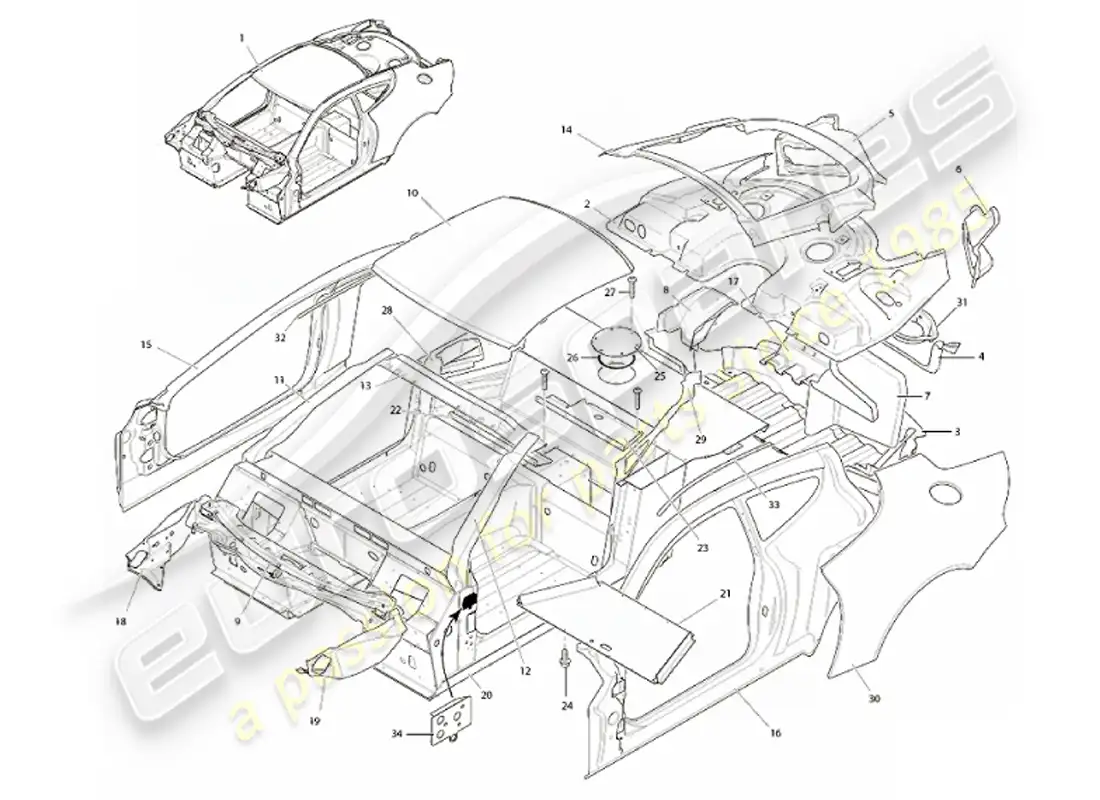 aston martin vanquish (2001) estructura del cuerpo diagrama de piezas