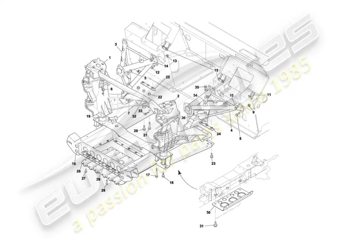 aston martin vanquish (2003) estructura de soporte del cuerpo delantero diagrama de piezas