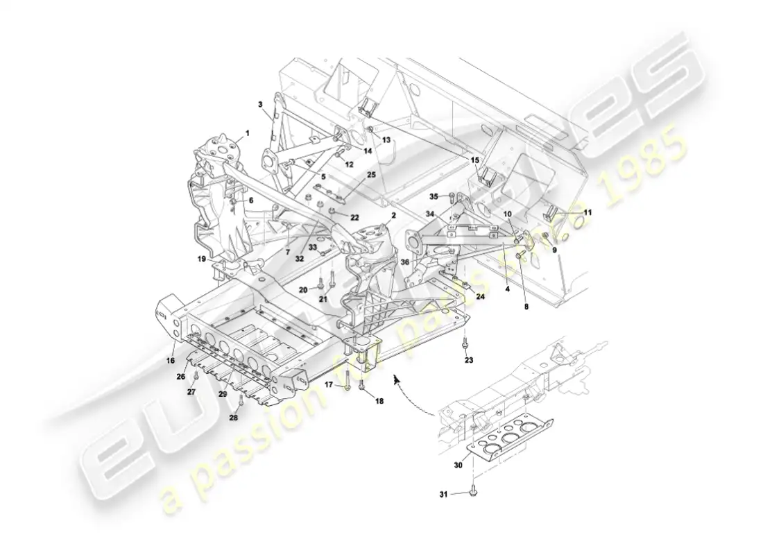 aston martin vanquish (2004) estructura de soporte del cuerpo delantero diagrama de piezas