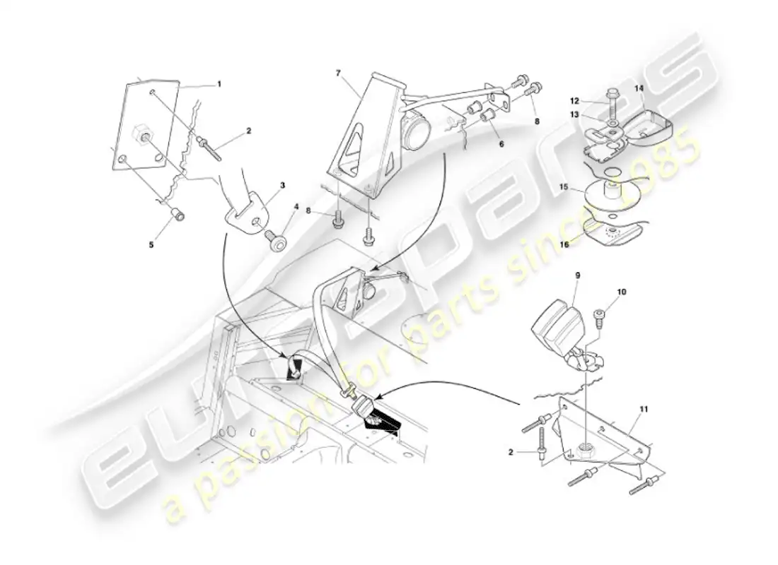 aston martin vanquish (2007) cinturones de seguridad traseros diagrama de piezas