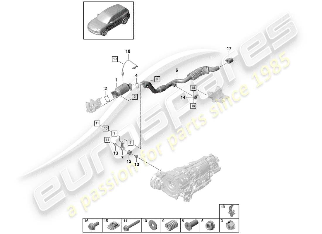 porsche 2018 (cayenne e3 9ya/9yb) sistema de escape diagrama de piezas