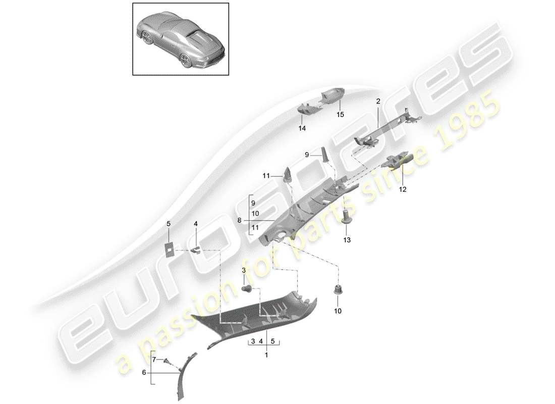 porsche 2015 (991-1 r/gt3/rs) diagrama de piezas del pilar a