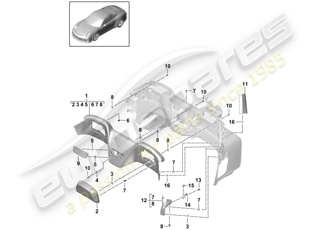 porsche 2015 (991-1 r/gt3/rs) panel de acabado para travesaño diagrama de piezas