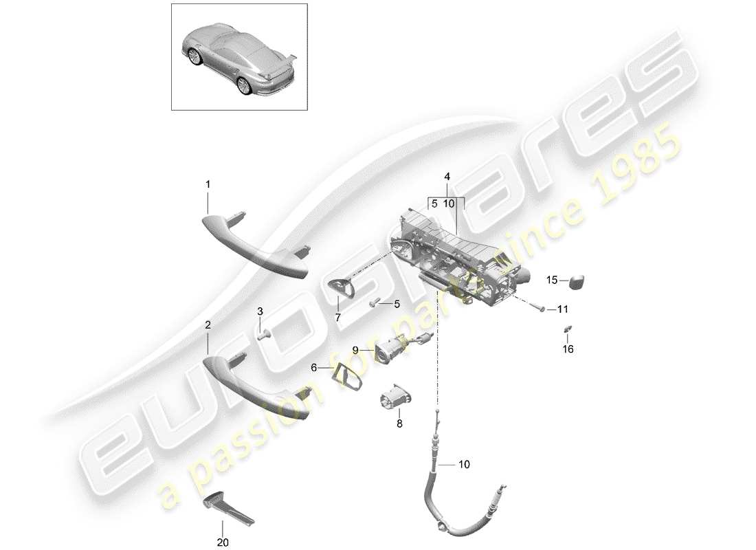 porsche 2020 (991-2 r/gt3/rs) manija de puerta exterior diagrama de piezas