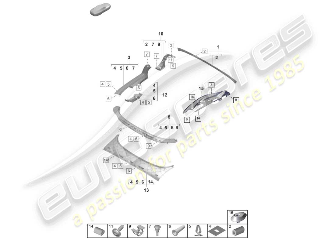 porsche 2019 (992-1) embellecedor de la cubierta interior de la caja de almacenamiento de la capota del descapotable diagrama de piezas