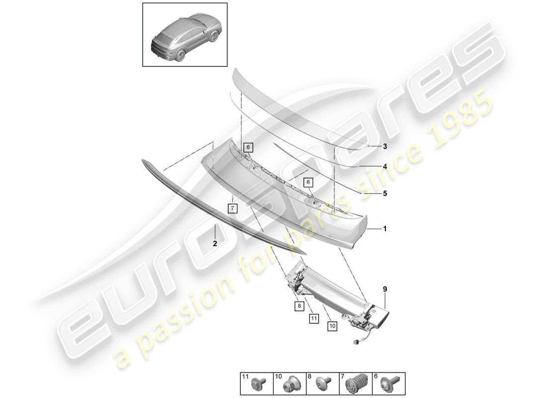 porsche 2018 (cayenne e3 9ya/9yb) alerón trasero diagrama de piezas