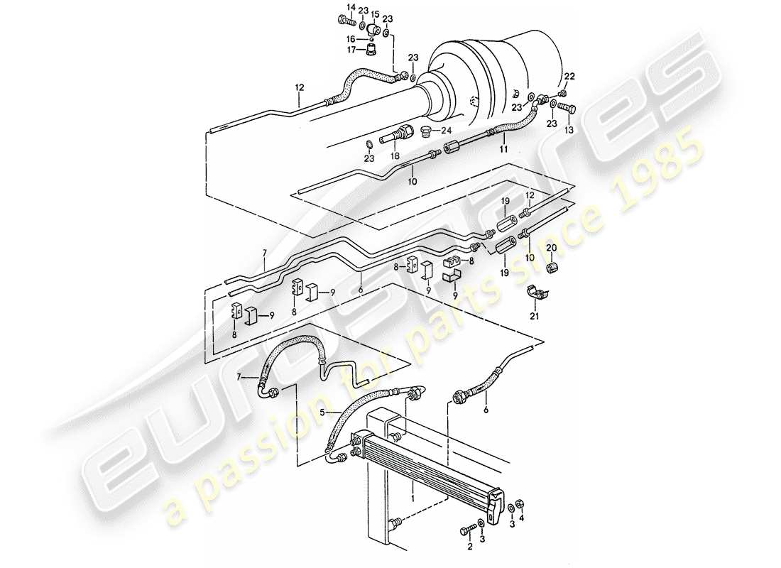 porsche 1990 (928) transmisión automática - enfriador del atf - líneas del atf diagrama de piezas