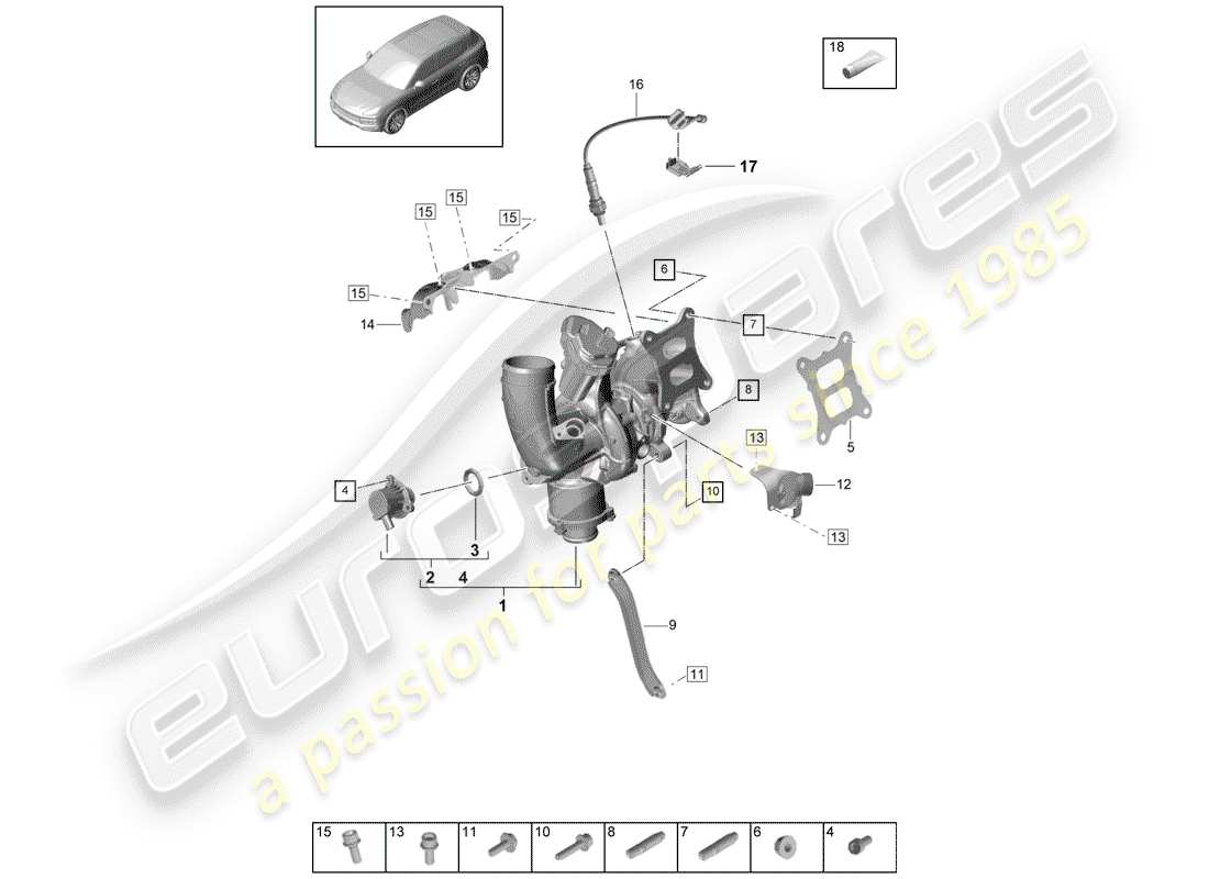 porsche 2018 (cayenne e3 9ya/9yb) turbocompresor de gases de escape diagrama de piezas