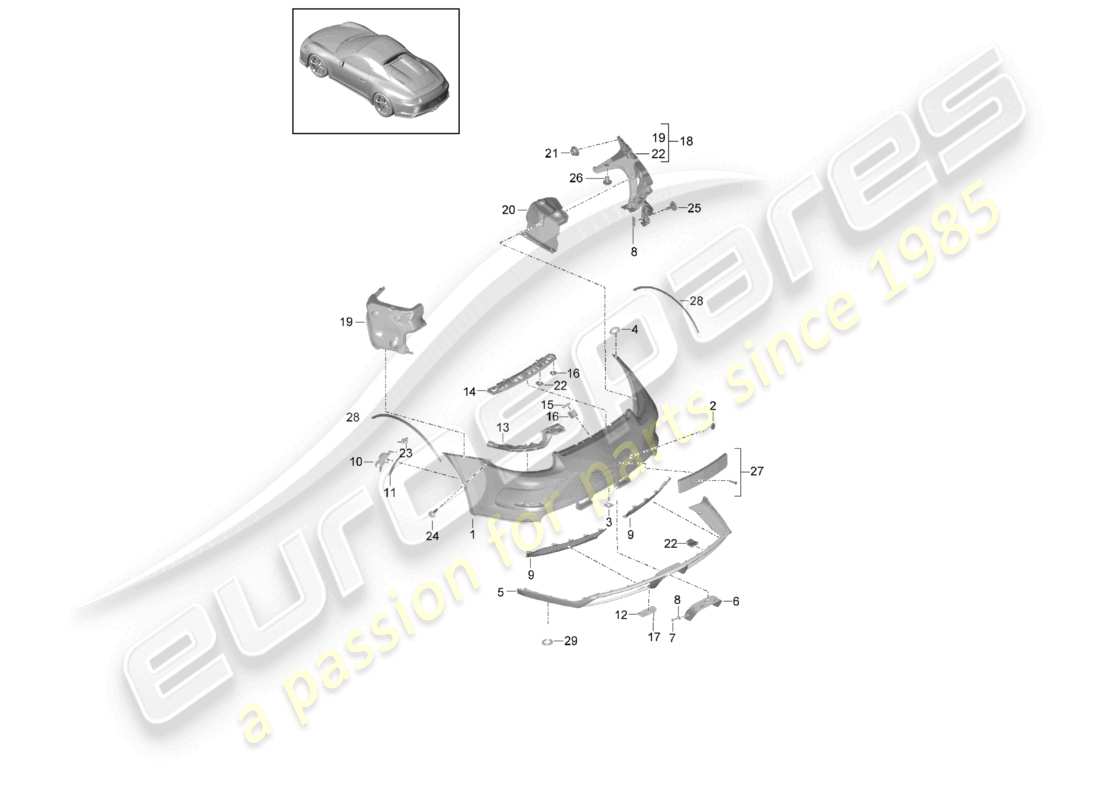 porsche 2020 (991-2 r/gt3/rs) parachoques trasero diagrama de piezas