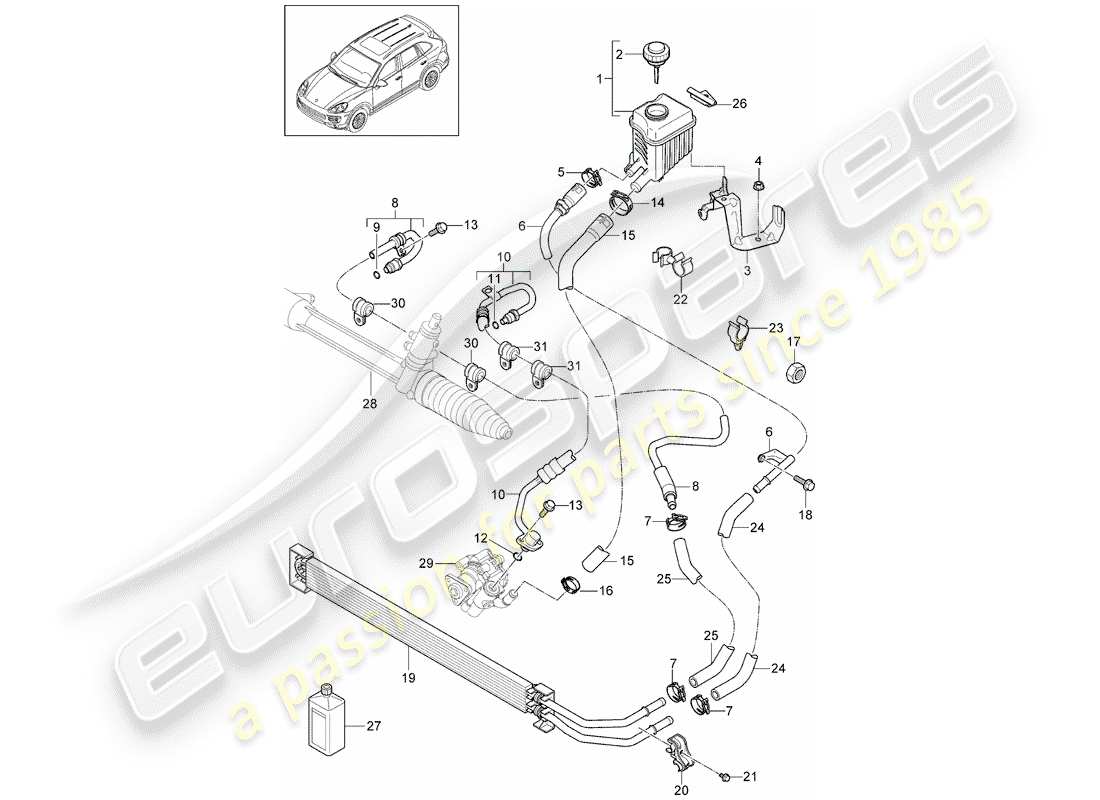 porsche 2017 (cayenne e2 92a) diagrama de piezas de la dirección asistida