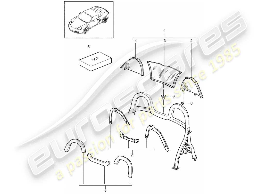 porsche 2011 (987 boxster) diagrama de piezas del parabrisas