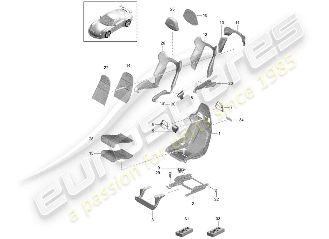 porsche 2018 (991-2 r/gt3/rs) asiento diagrama de piezas
