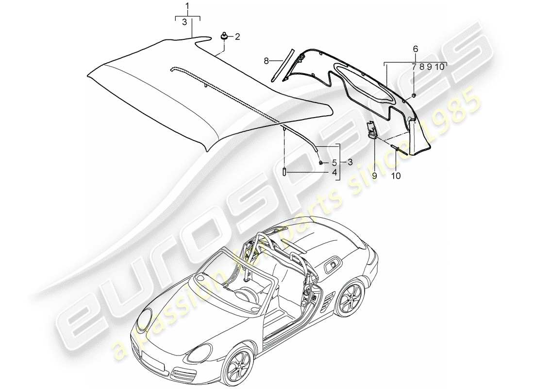 porsche 2011 (987 boxster) cubierta superior convertible diagrama de piezas