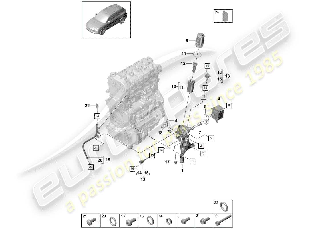 porsche 2018 (cayenne e3 9ya/9yb) diagrama de piezas del filtro de aceite