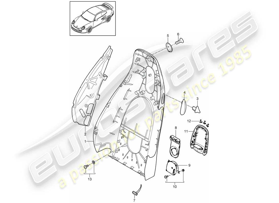 porsche 2009 997-2 turbo / gt2 diagrama de piezas de la carcasa del respaldo