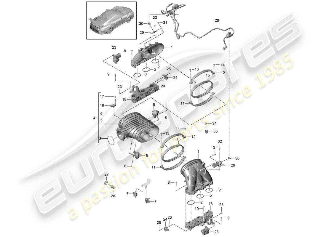 porsche 2017 (991-2 r/gt3/rs) diagrama de piezas del sistema de admisión