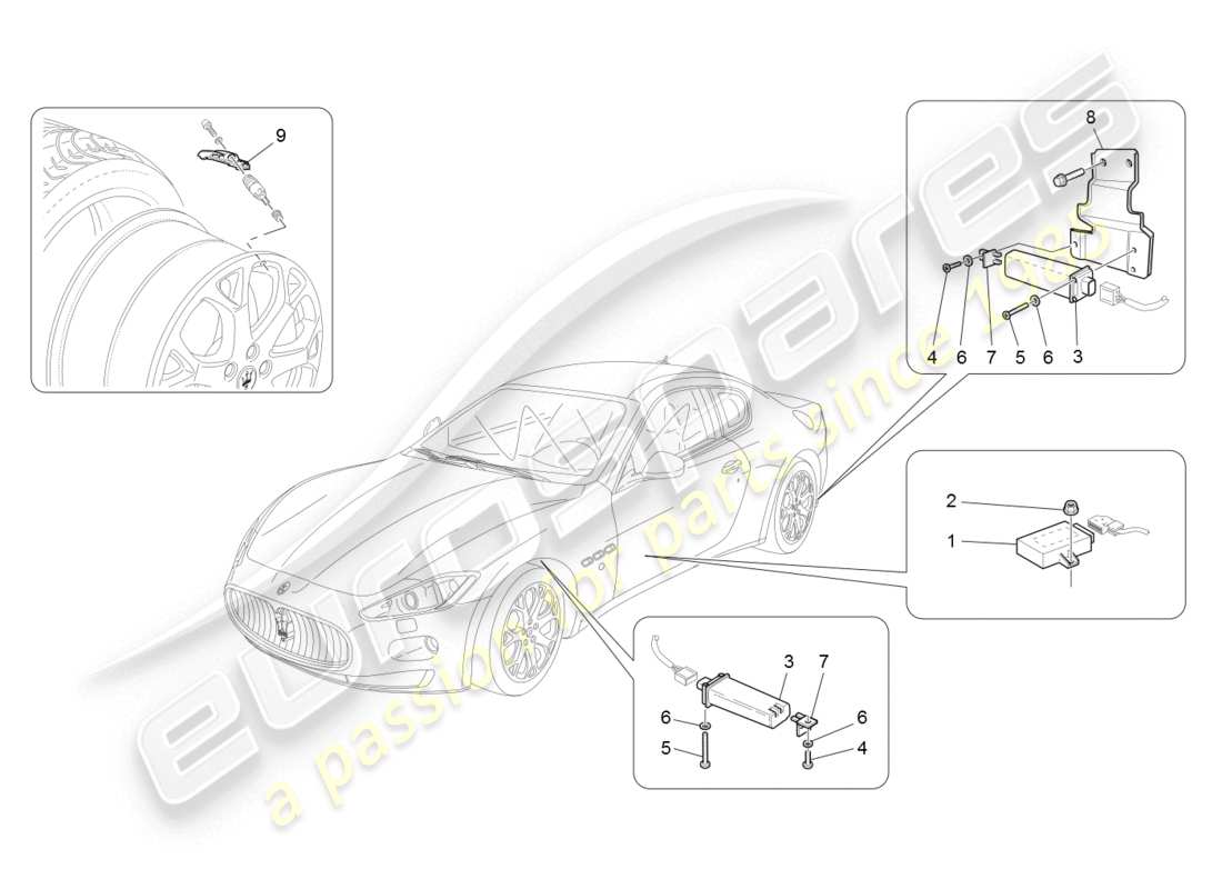 maserati granturismo (2008) sistema de control de presión de neumáticos diagrama de piezas