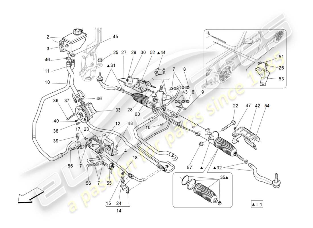 maserati qtp 3.0 bt v6 410hp (2014) diagrama de pieza de la unidad de cremallera de dirección completa