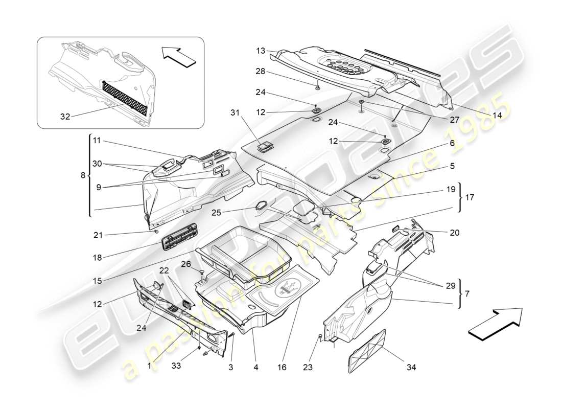 maserati qtp 3.0 bt v6 410hp (2014) alfombrillas del maletero diagrama de piezas