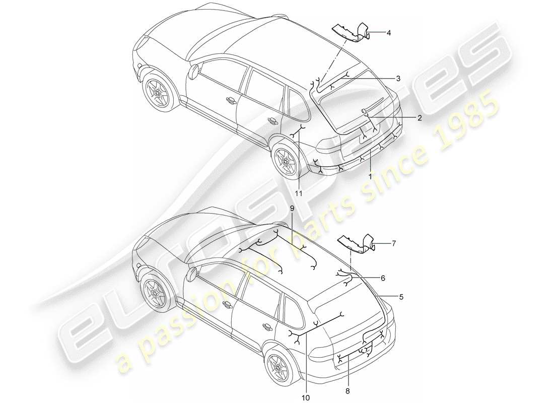 porsche 2004 (cayenne e1 9pa) cableando arneses diagrama de piezas