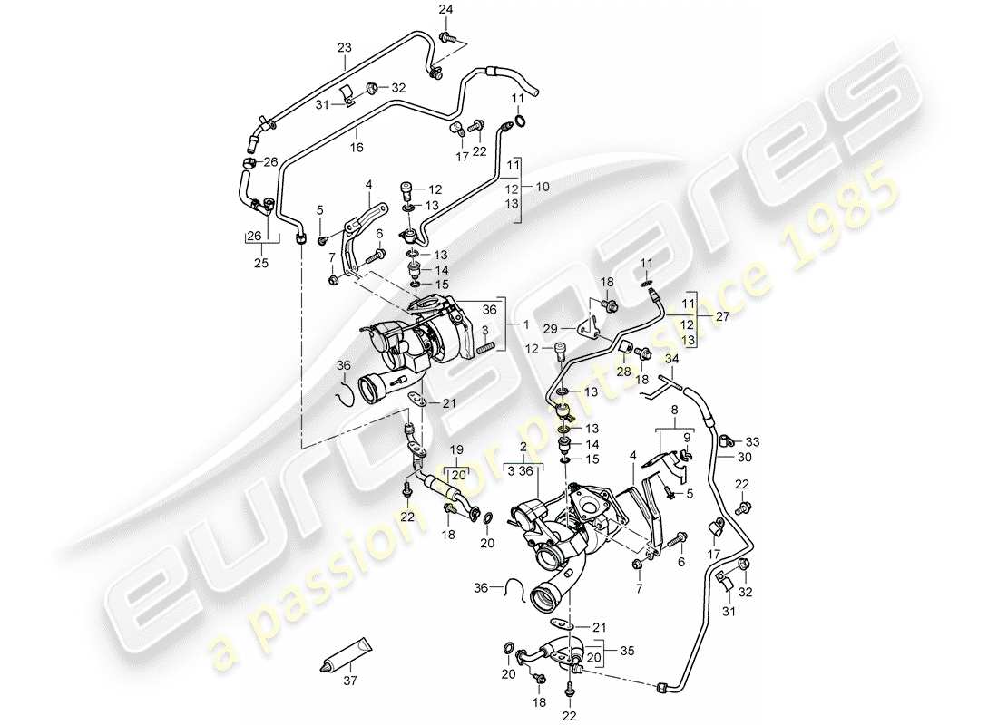 porsche 2010 (cayenne e1 9pa) turbocompresor de gases de escape diagrama de piezas
