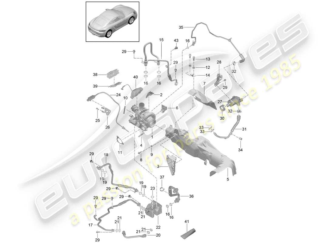 porsche 2018 (718 cayman) turbocompresor de gases de escape diagrama de piezas
