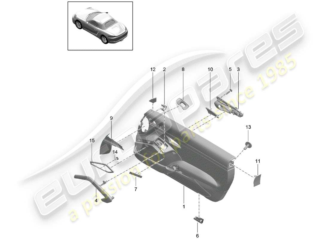 porsche 2017 (718 boxster) revestimiento de las puertas diagrama de piezas