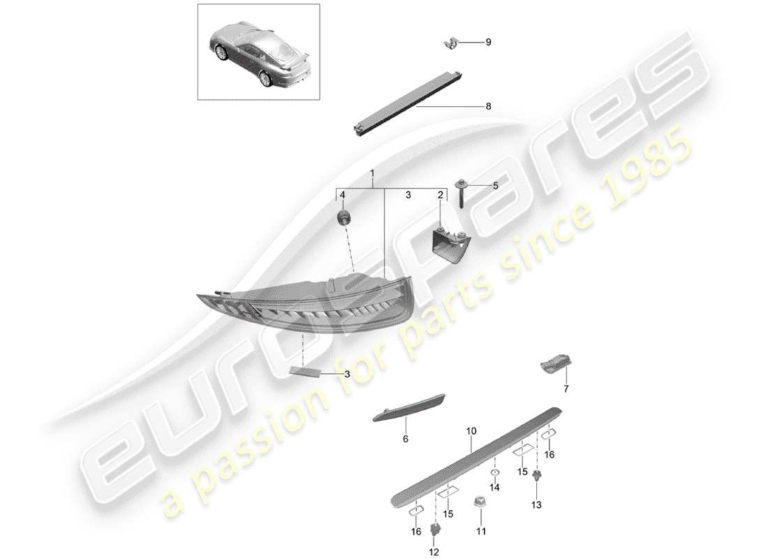 porsche 991r/gt3/rs (2015) diagrama de piezas de la luz trasera