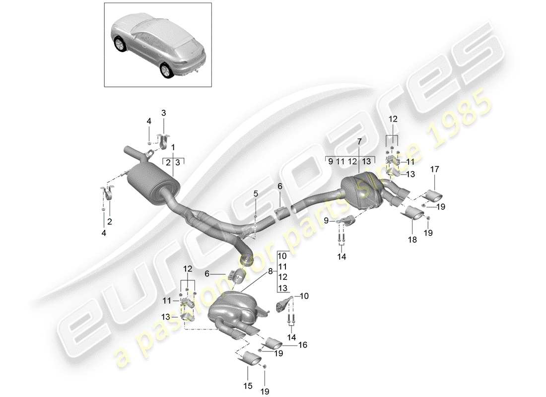 porsche 2014 (macan) sistema de escape diagrama de piezas